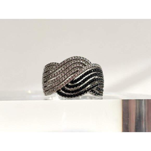 Black & Clear Round Cut Spinel Multi Gemstone Vintage Wavy Braided Ring - sz 9.5 - Picture 6 of 10